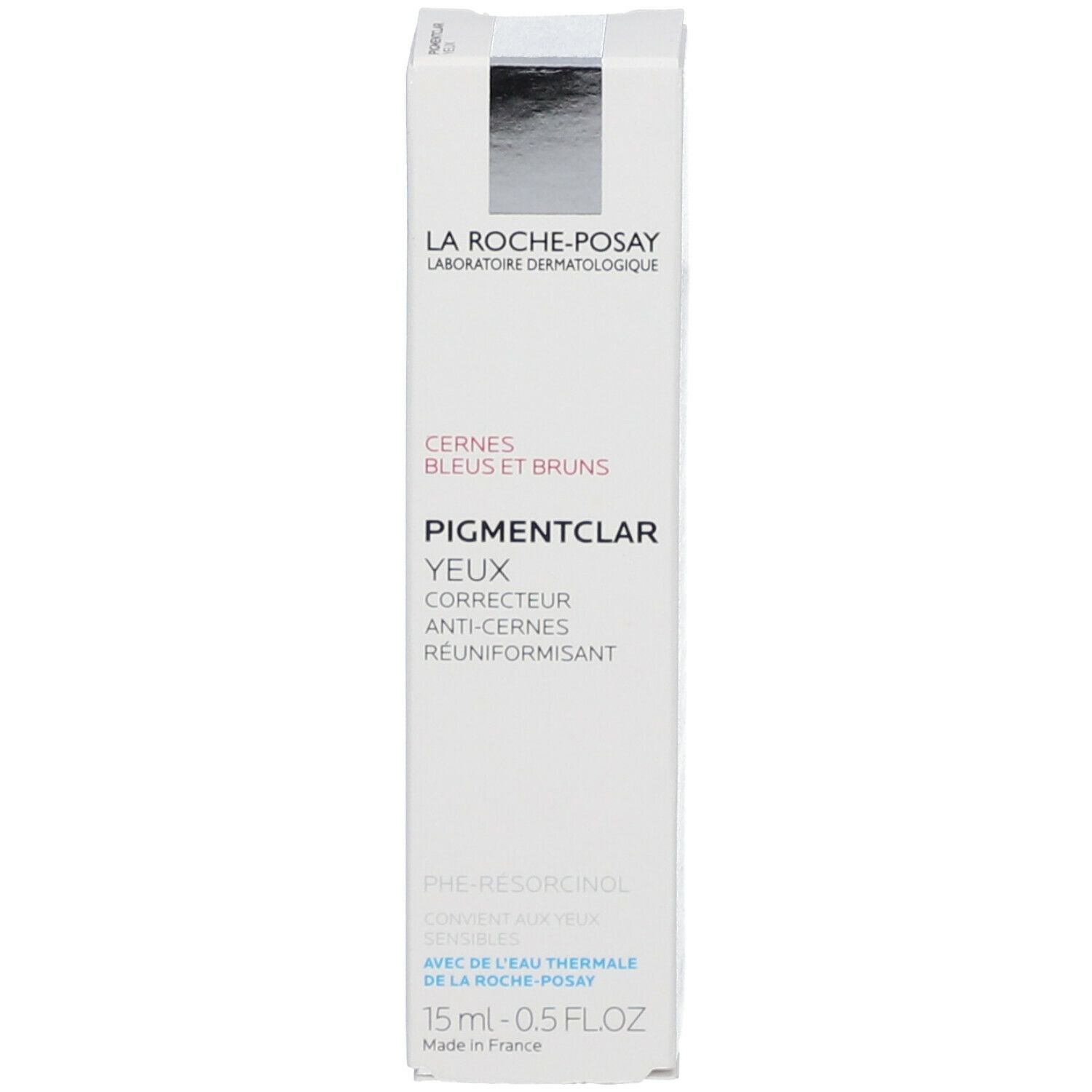 Witte verpakking van La Roche-Posay Pigmentclar. Tekst en logo. 15 ml.