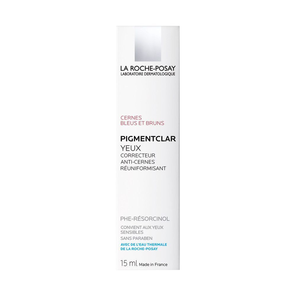 Witte verpakking van La Roche-Posay Pigmentclar. Tekst en logo. 15 ml.
