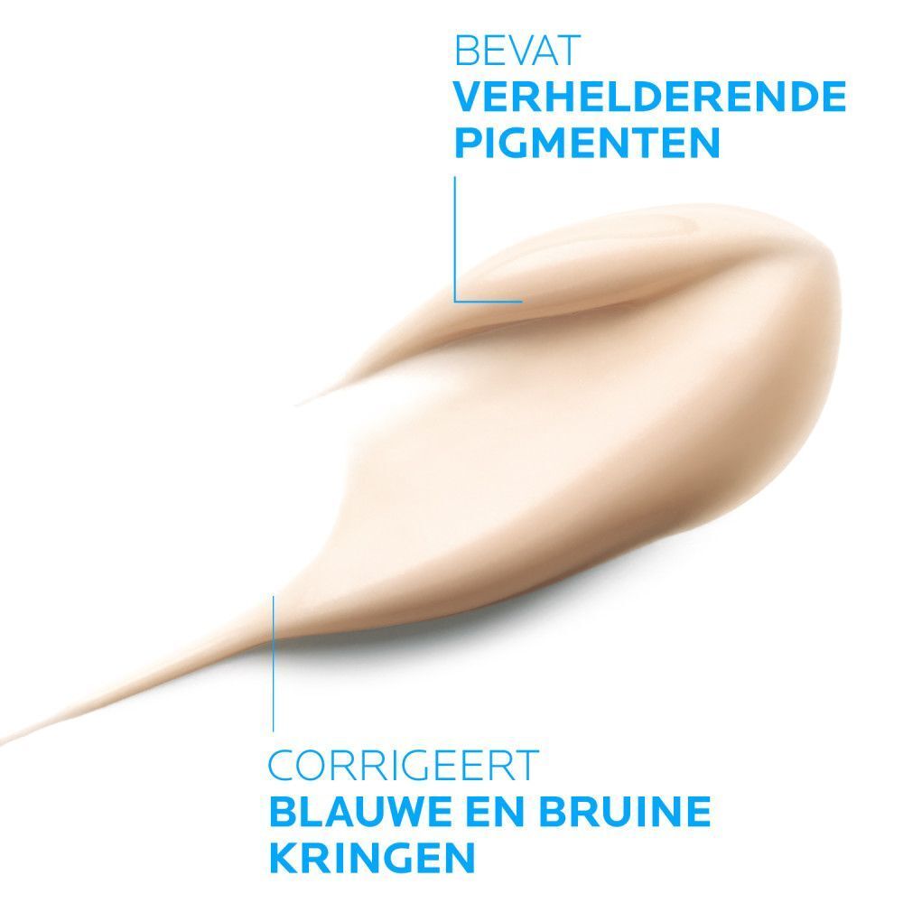 Product-swirl. Tekst: Verrijkt met lichtreflecterende pigmenten. Corrigeert blauwe en bruine kringen.