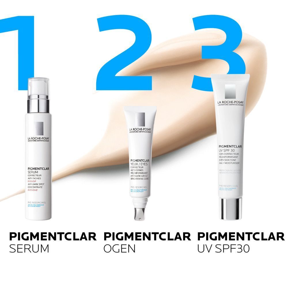 Drie producten: Pigmentclar Serum, Ogen en UV SPF30. Tekst en logo.