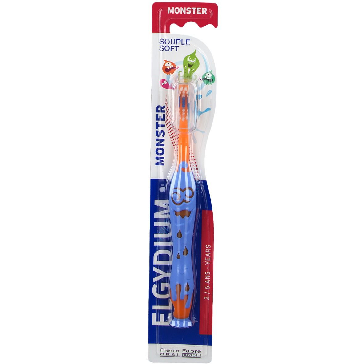 Brosse à dents Elgydium Kids. Poils bleus et orange. Design Monster. Pour enfants de 2 à 6 ans. Pierre Fabre.