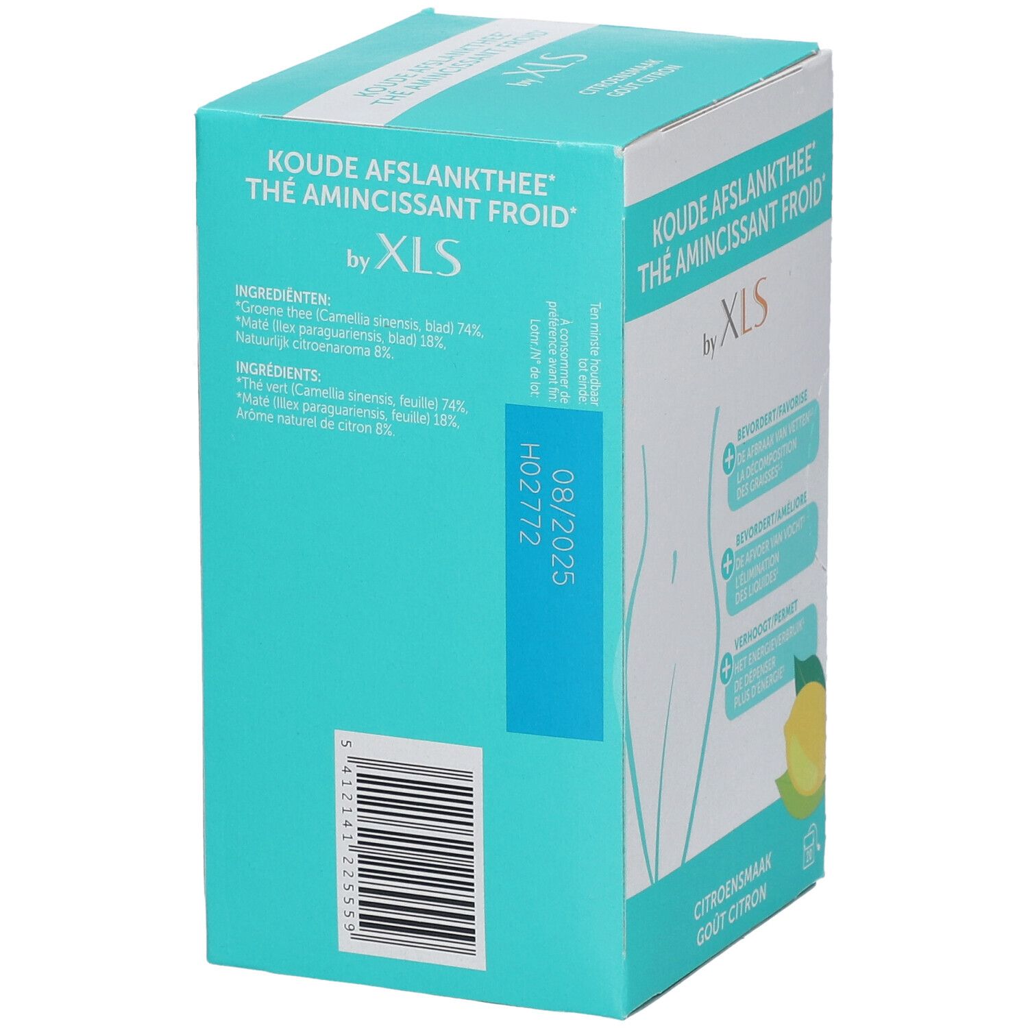 Boîte turquoise et blanche avec texte et code-barres. Inscription 'Koude Afslankthee' et 'by XLS'.