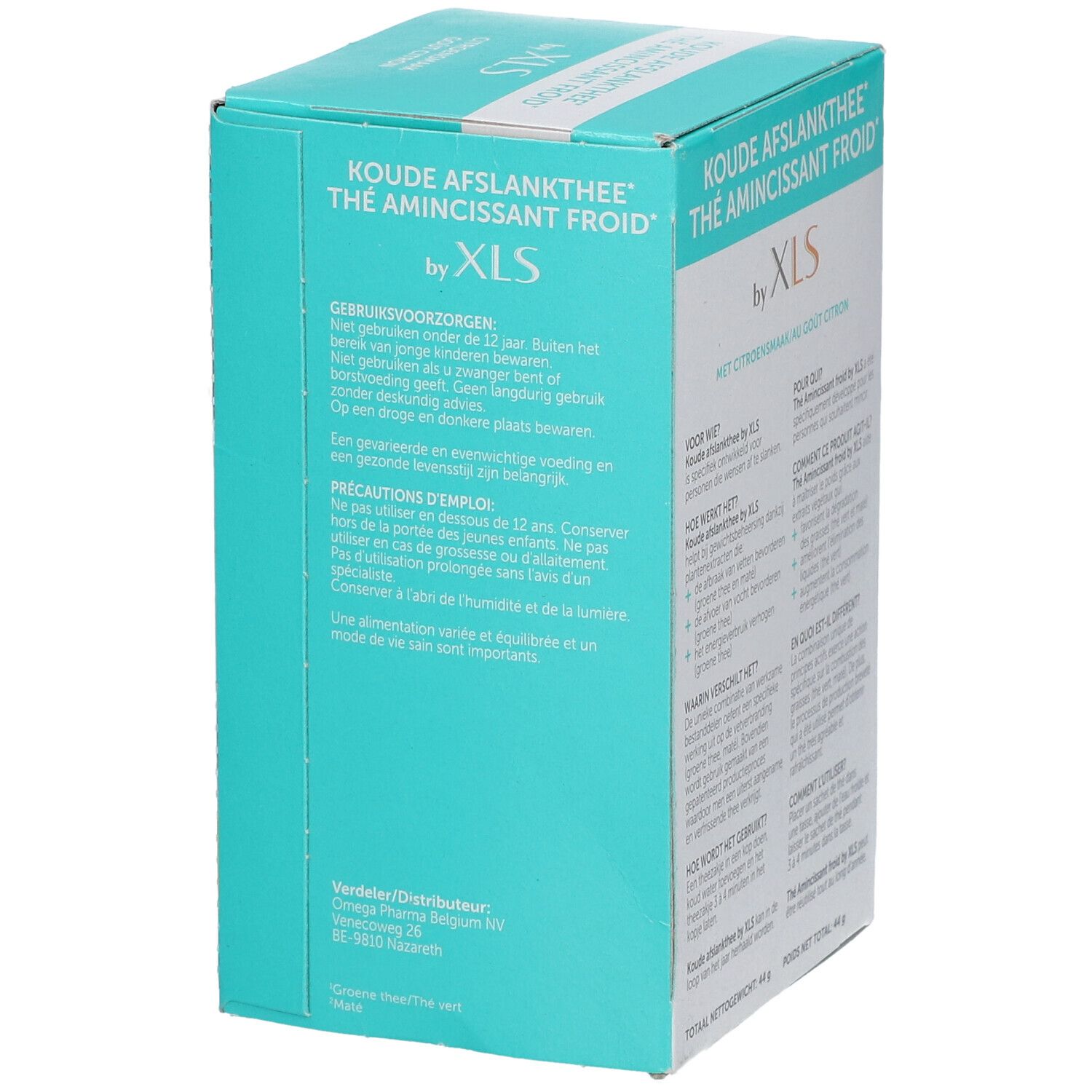 Boîte turquoise et blanche avec texte. Inscription 'Koude Afslankthee' et 'by XLS'. Texte multilingue.