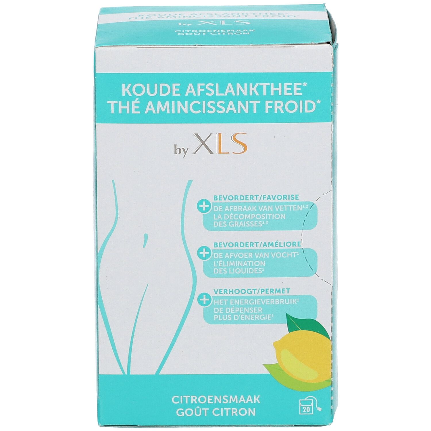 Boîte turquoise et blanche avec 'Koude Afslankthee' et 'by XLS'. Illustration d'une femme et d'un citron.