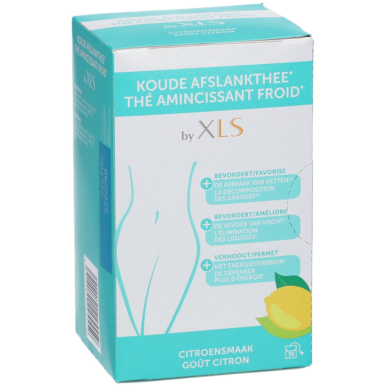 Boîte turquoise et blanche avec 'Koude Afslankthee' et 'by XLS'. Illustration d'une femme et d'un citron.