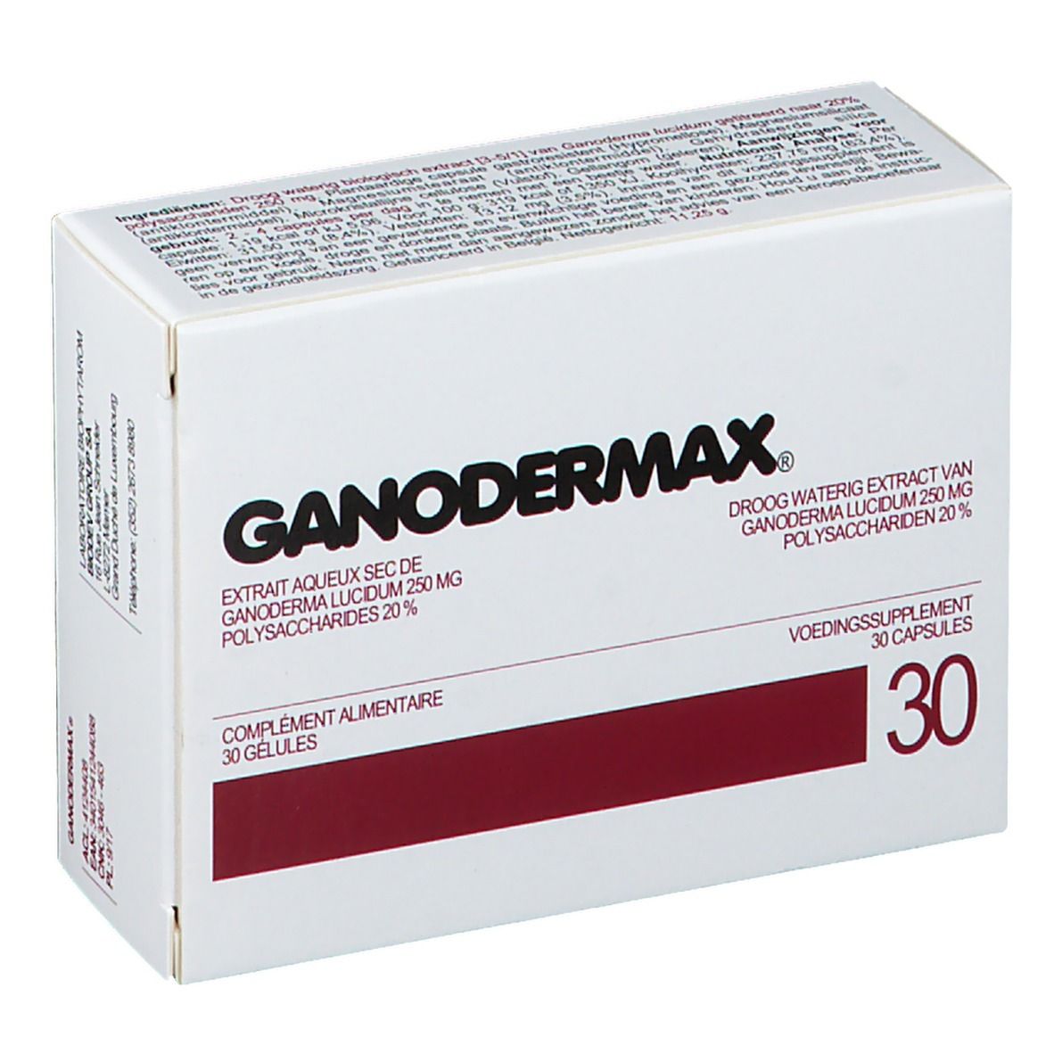 Boîte blanche avec bande rouge. Inscription : GANODERMAX, 30 gélules. Contient Extrait aqueux sec de Ganoderma lucidum.