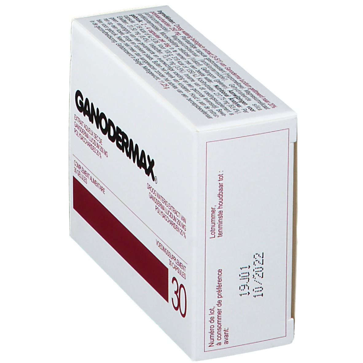 Boîte blanche en biais. Inscription : GANODERMAX. Contient Extrait aqueux sec de Ganoderma lucidum. Avec date de péremption.