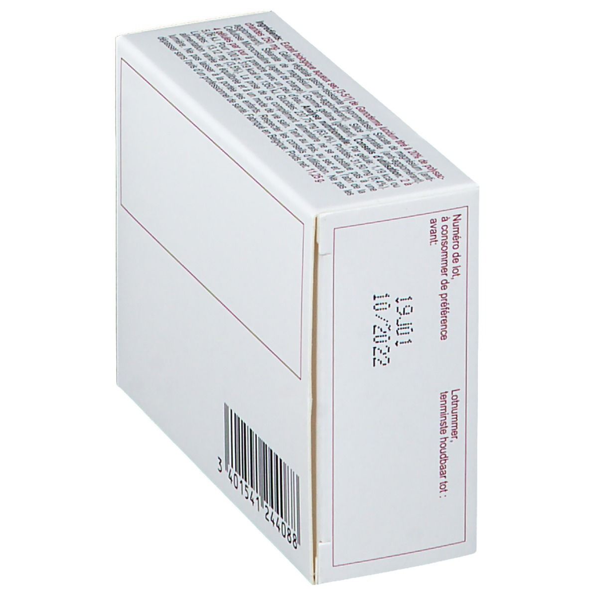 Boîte blanche en biais. Code-barres et texte. Contient Extrait aqueux sec de Ganoderma lucidum. Avec date de péremption.