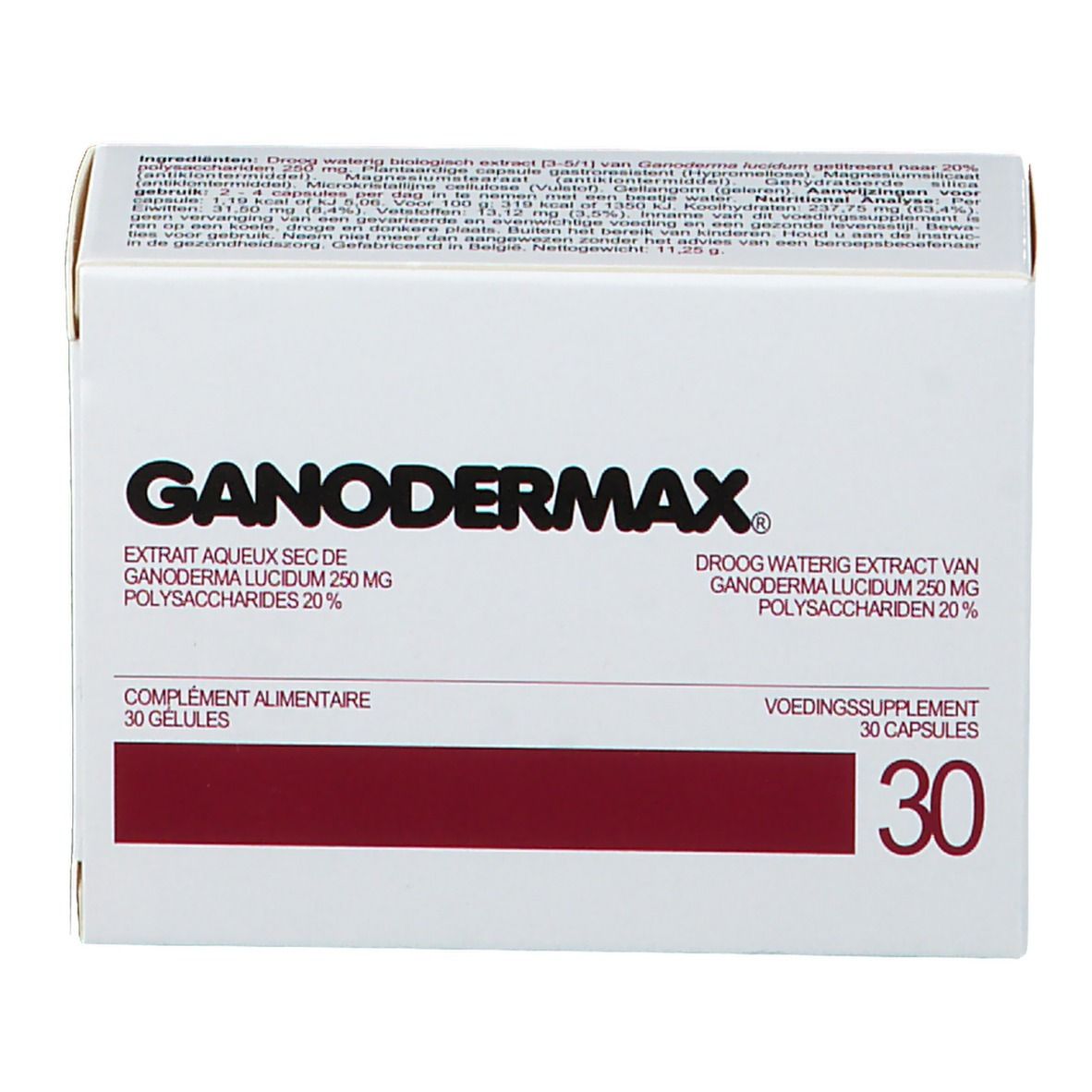Boîte blanche avec bande rouge. Inscription : GANODERMAX, 30 gélules. Contient Extrait aqueux sec de Ganoderma lucidum.