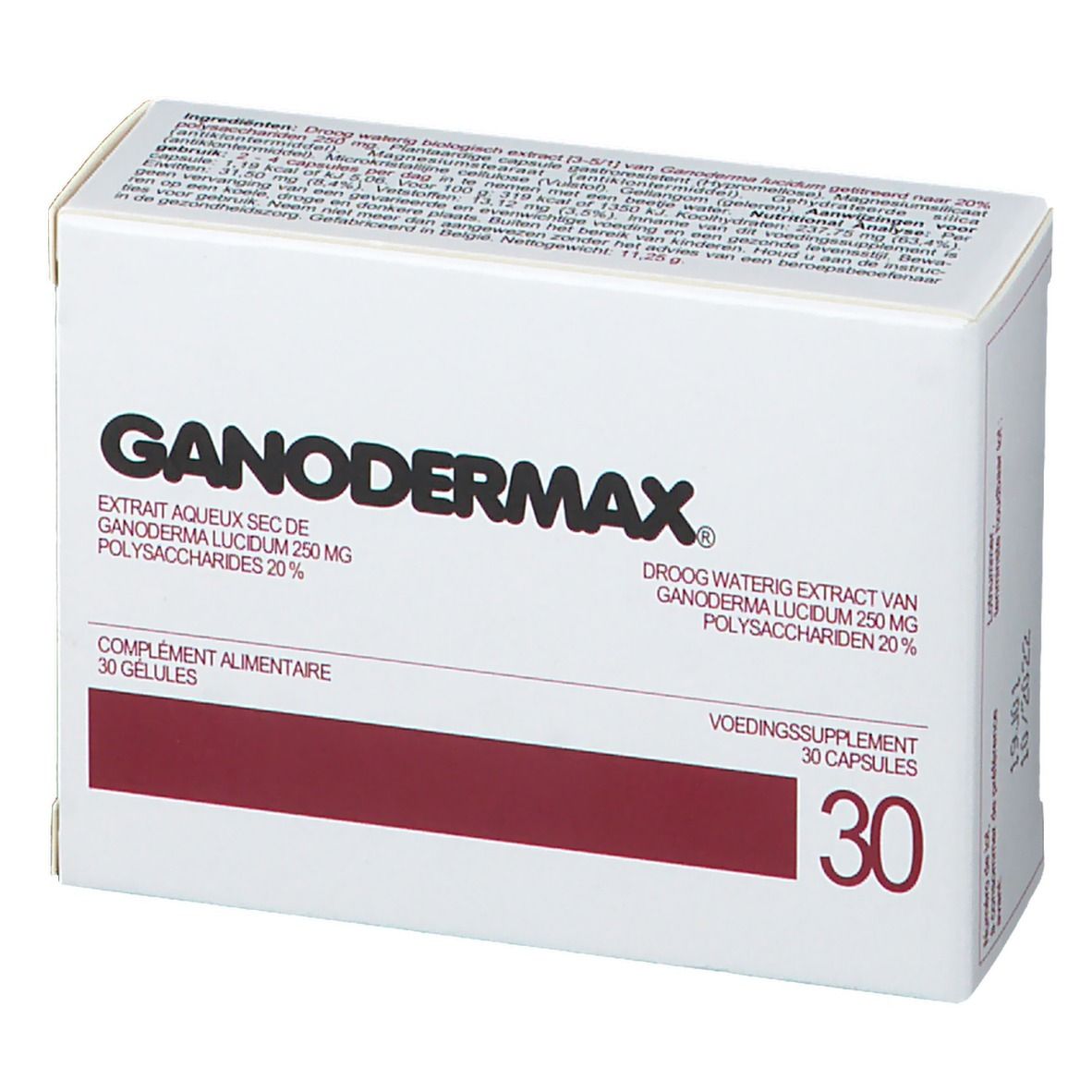 Boîte blanche avec bande rouge. Inscription : GANODERMAX, 30 gélules. Contient Extrait aqueux sec de Ganoderma lucidum.
