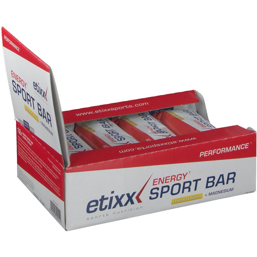 Boîte ouverte Etixx Energy Sportbar Lemon. Emballage rouge et blanc avec nom et logo du produit. Barres individuelles visibles.