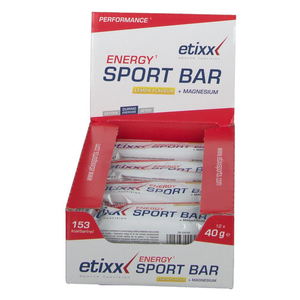 Emballage Etixx Energy Sportbar Lemon, partiellement ouvert. Emballage rouge et blanc avec nom et logo du produit. Barres individuelles visibles.