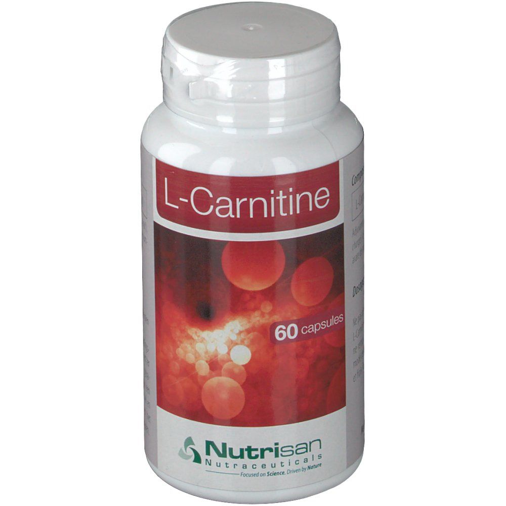 Flacon blanc de gélules L-Carnitine. Fond rouge avec sphères blanches. 60 gélules. Logo Nutrisan.