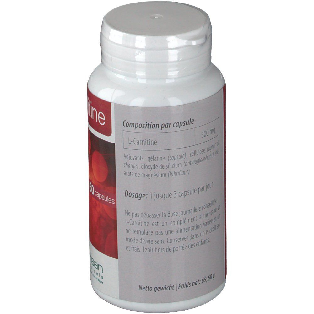 Dos de la bouteille blanche avec L-Carnitine. Texte: Composition par capsule, 500 mg L-Carnitine. Dosage: 1 à 3 gélules par jour.