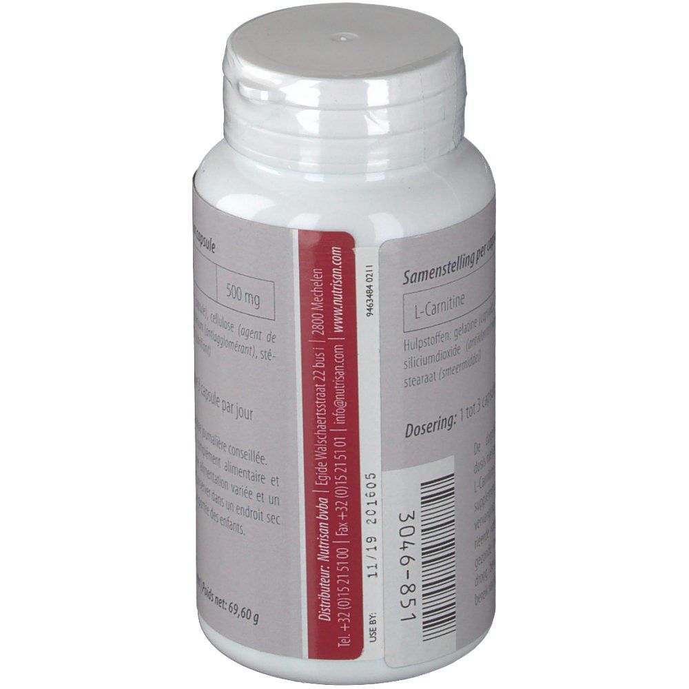 Dos de la bouteille blanche avec L-Carnitine. Texte: Composition par capsule, 500 mg L-Carnitine. Dosage: 1 à 3 gélules par jour. Date de péremption.