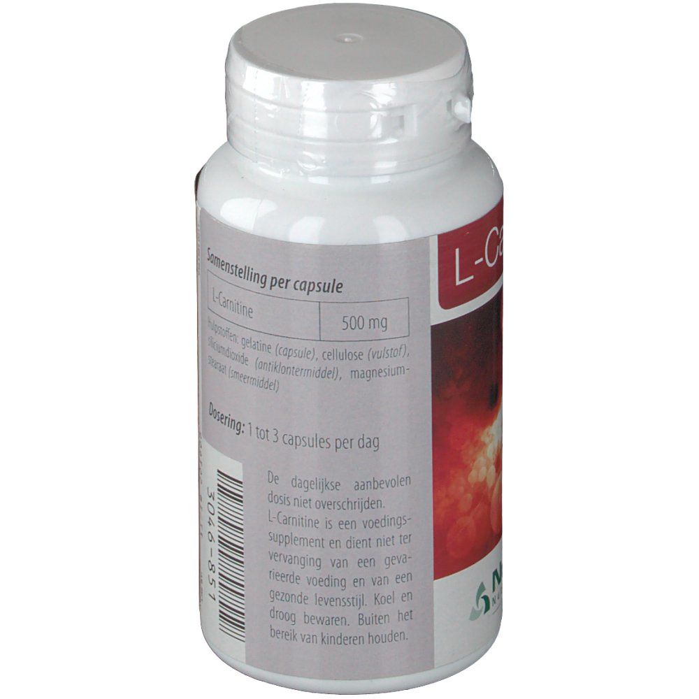 Dos de la bouteille blanche avec L-Carnitine. Texte: Composition par capsule, 500 mg L-Carnitine. Dosage: 1 à 3 gélules par jour.