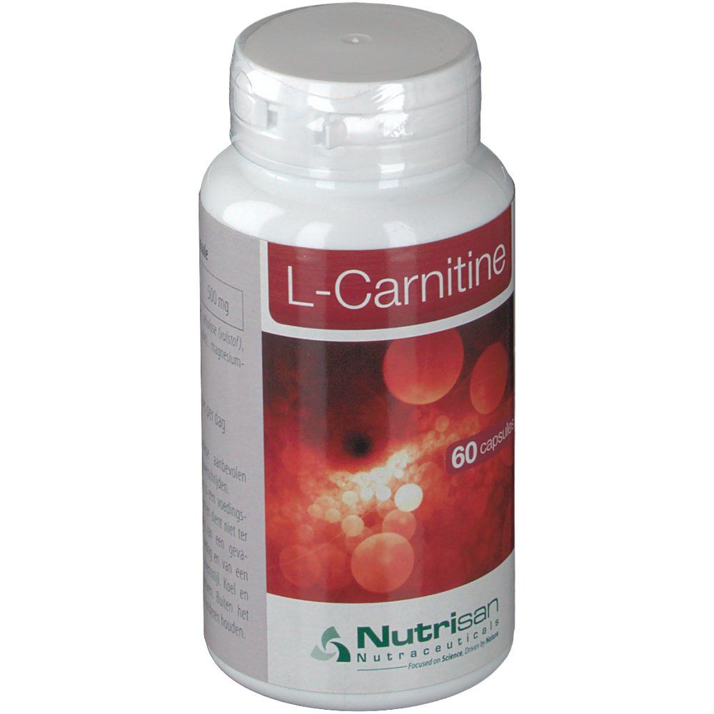 Flacon blanc de gélules L-Carnitine. Fond rouge avec sphères blanches. 60 gélules. Logo Nutrisan.