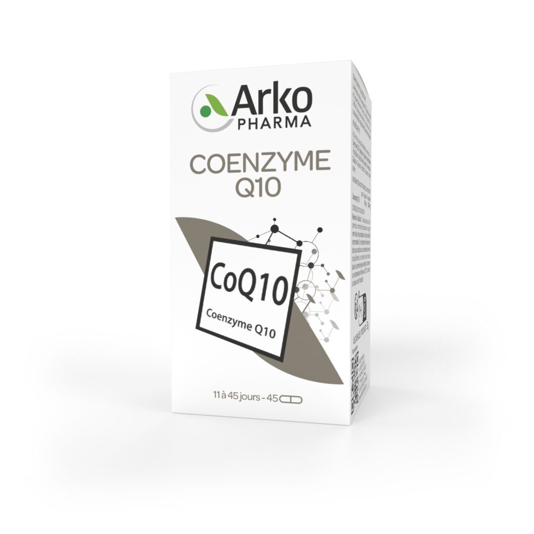 Emballage du produit. Inscription: Arkopharma Co-Enzyme Q10, CoQ10.