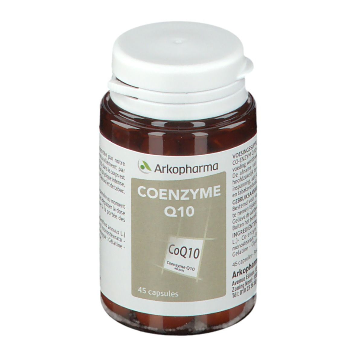 Braune Flasche mit weißem Deckel. Aufschrift: Arkopharma Coenzyme Q10, 45 Kapseln.