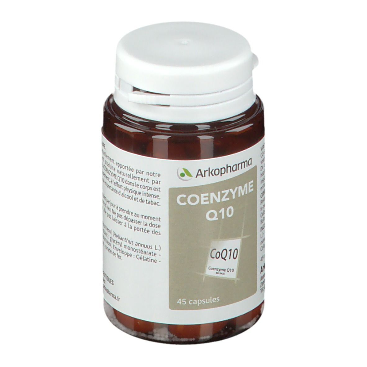 Braune Flasche mit weißem Deckel. Aufschrift: Arkopharma Coenzyme Q10, 45 Kapseln.