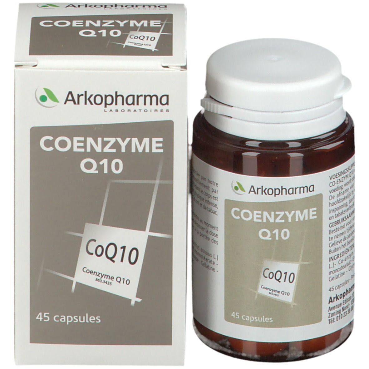 Produktverpackung mit Flasche und Schachtel. Aufschrift: Arkopharma Coenzyme Q10, 45 Kapseln.