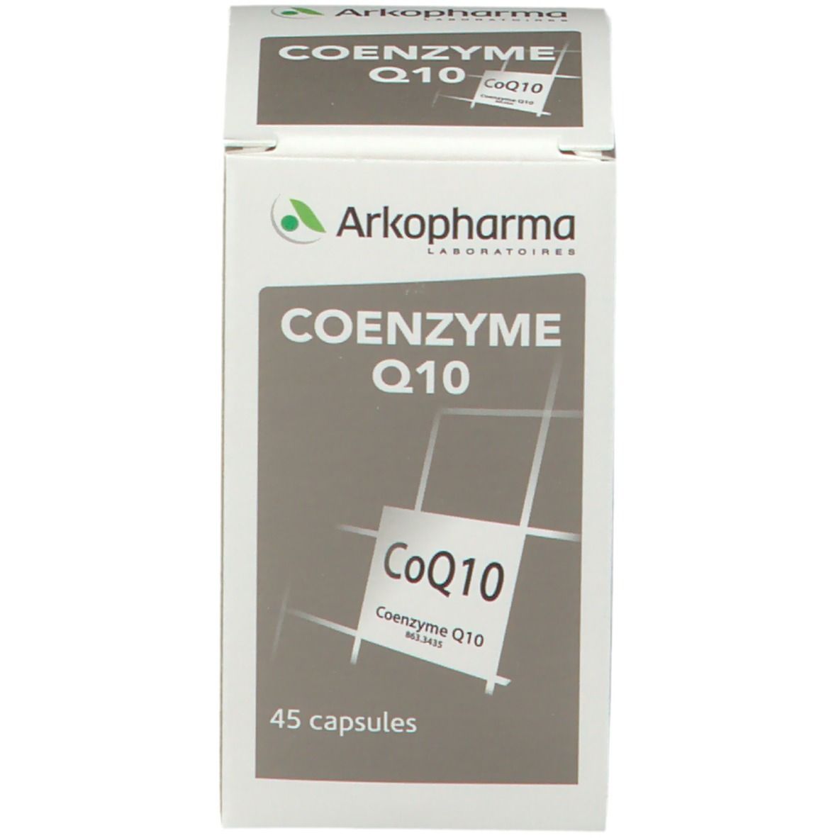 Produktverpackung. Aufschrift: Arkopharma Coenzyme Q10, 45 Kapseln.