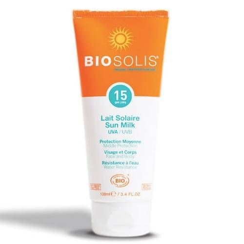 Sonnenmilch-Tube mit LSF 15. Orange-weißes Design. BIOSOLIS-Logo und Produktbezeichnung. Sonnensymbol. Wasserfest.