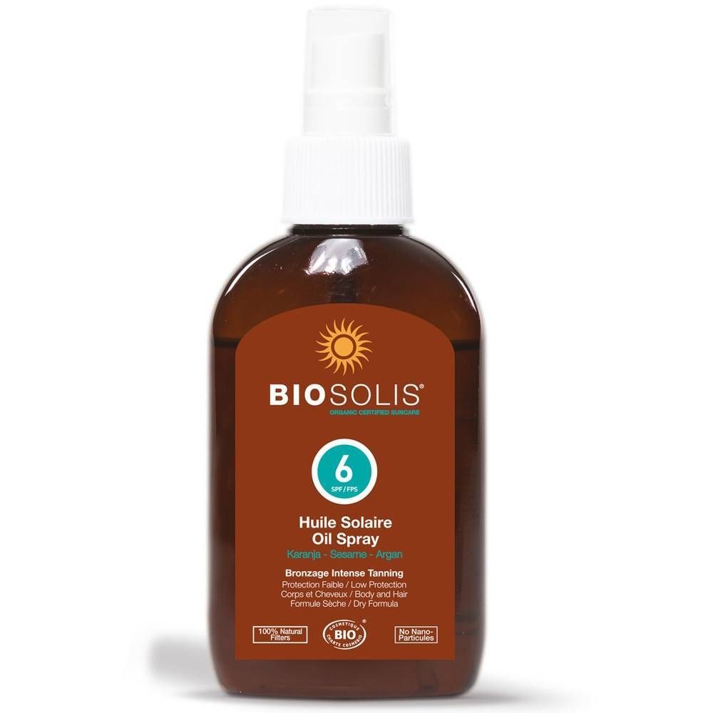 Flacon brun avec vaporisateur. Étiquette avec logo, texte et SPF 6. Huile solaire.