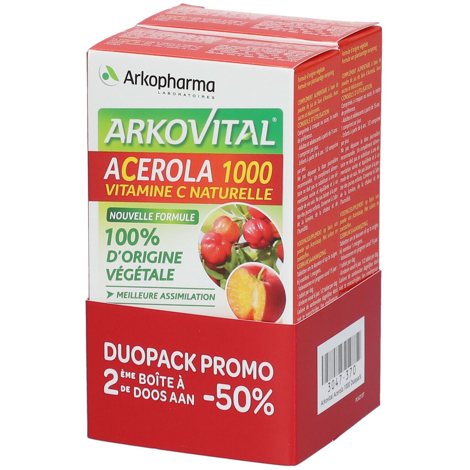 Verpakking van Arkopharma Arkovital Acerola 1000. Rode en witte doos met productinformatie en logo. Afbeelding van acerola-vruchten.