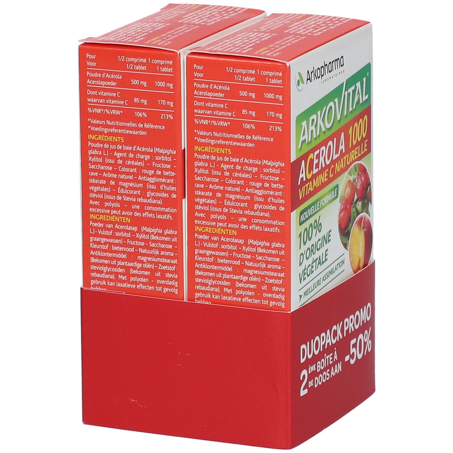 Twee dozen Arkopharma Arkovital Acerola 1000 naast elkaar. Productinformatie op de zijkanten. Ingrediëntenlijst en voedingswaarde-informatie.