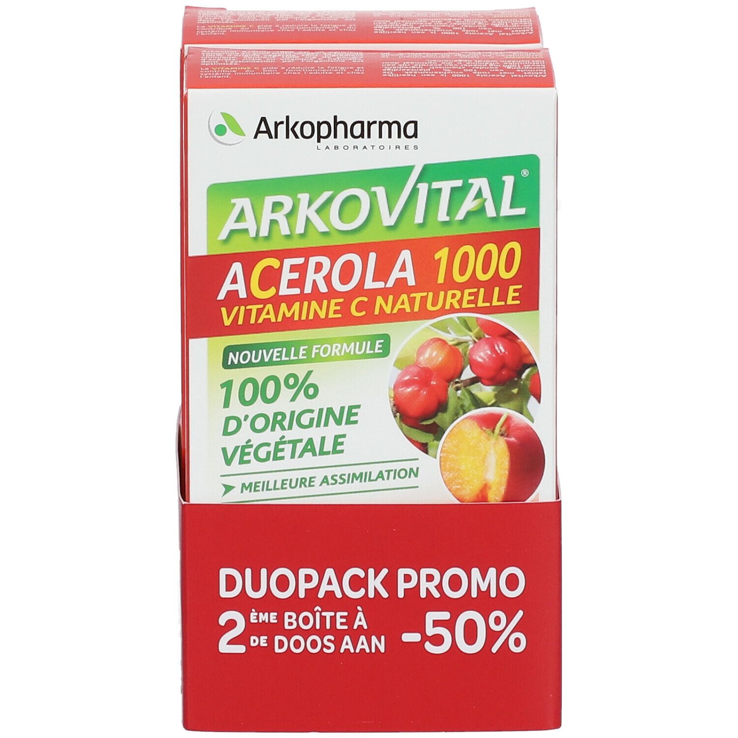 Verpakking van Arkopharma Arkovital Acerola 1000. Rode en witte doos met productinformatie en logo. Afbeelding van acerola-vruchten.