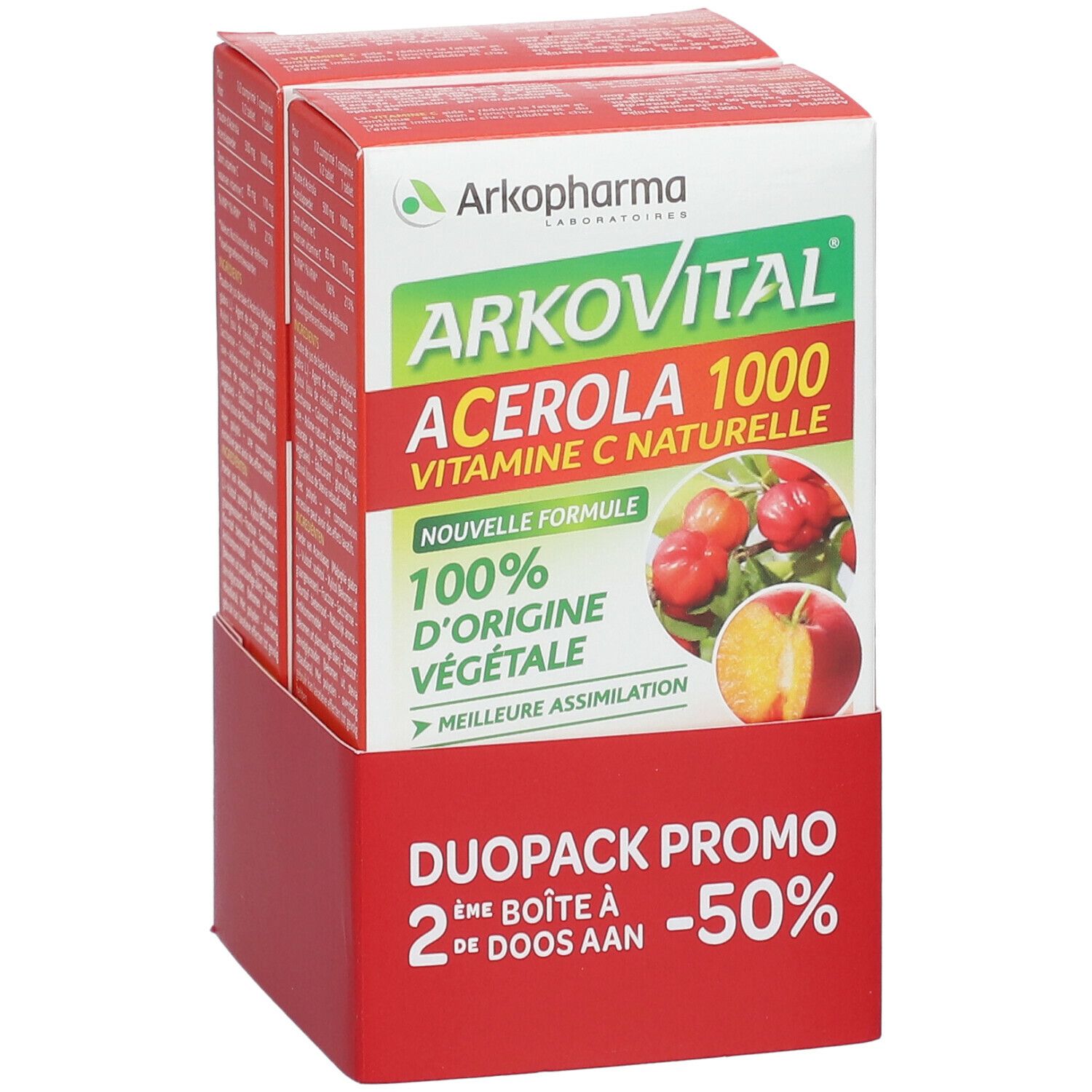 Twee dozen Arkopharma Arkovital Acerola 1000 naast elkaar. Rode en witte verpakking met productinformatie en logo.