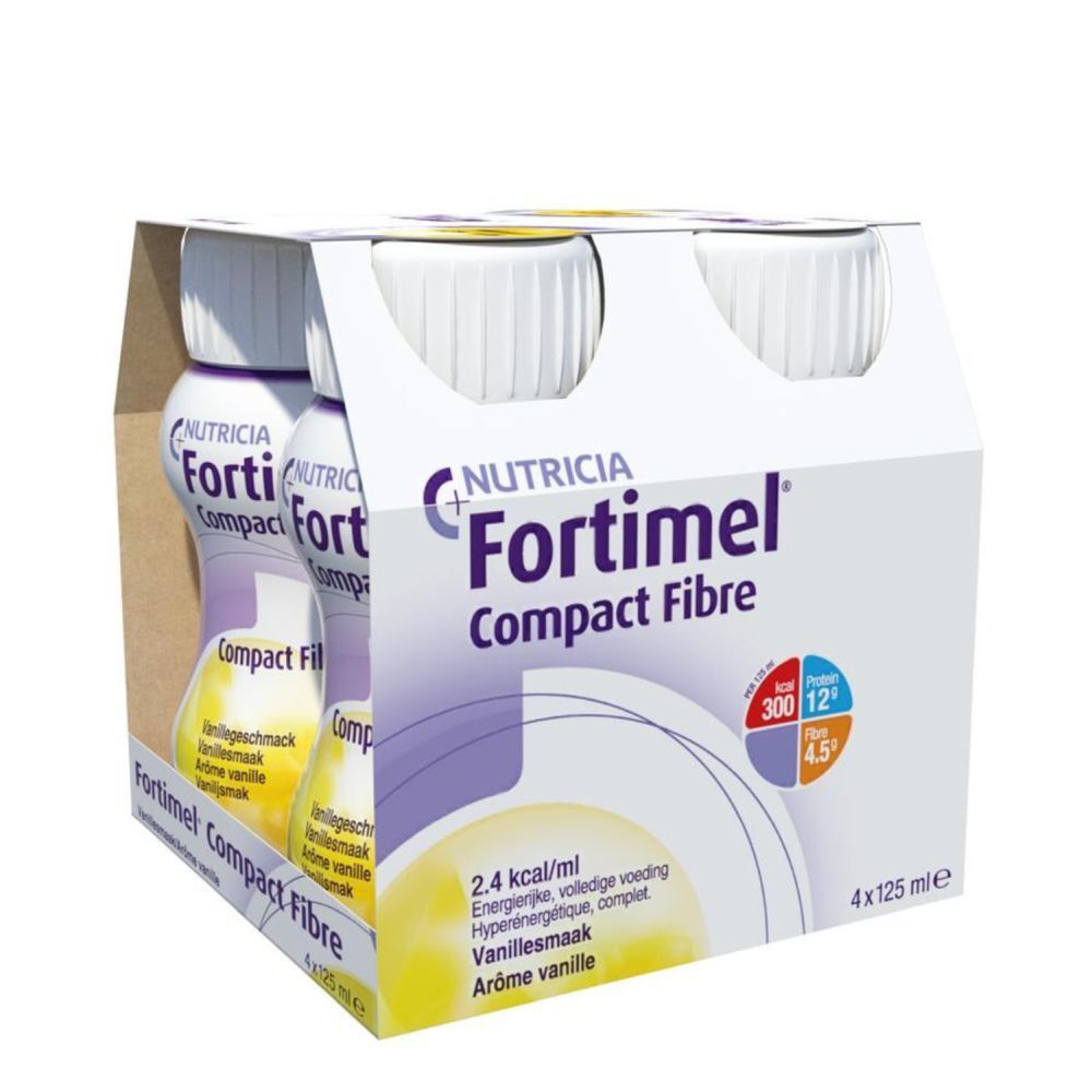 Pack de 4 bouteilles Fortimel Compact Fibre. Saveur vanille. Design violet et blanc. Logo Nutricia. 4x125ml.