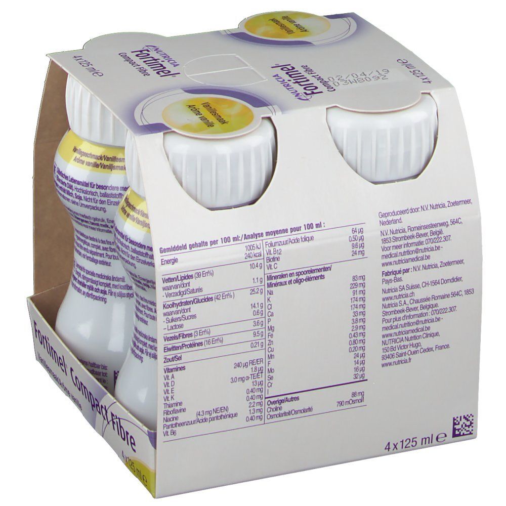Pack de 4 bouteilles Fortimel Compact Fibre. Dos avec informations nutritionnelles. Logo Nutricia. 4x125ml.