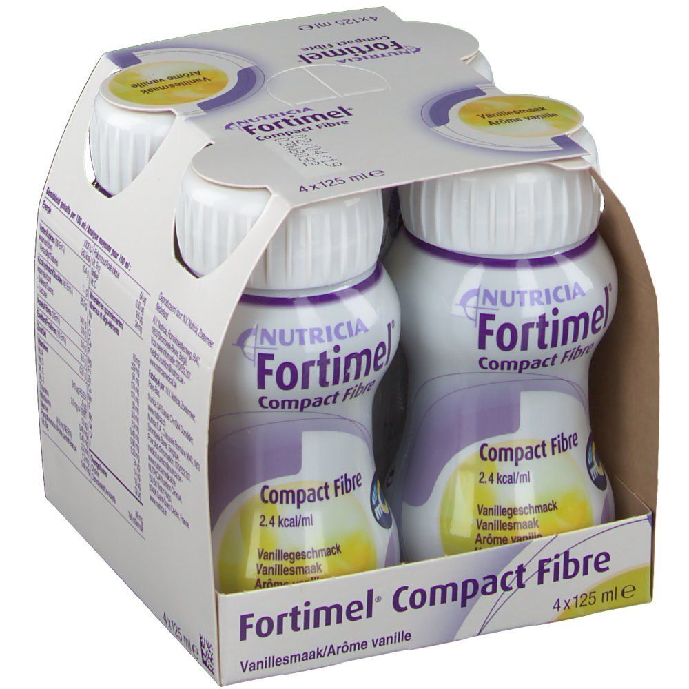 Pack de 4 bouteilles Fortimel Compact Fibre. Saveur vanille. Logo Nutricia. 4x125ml.