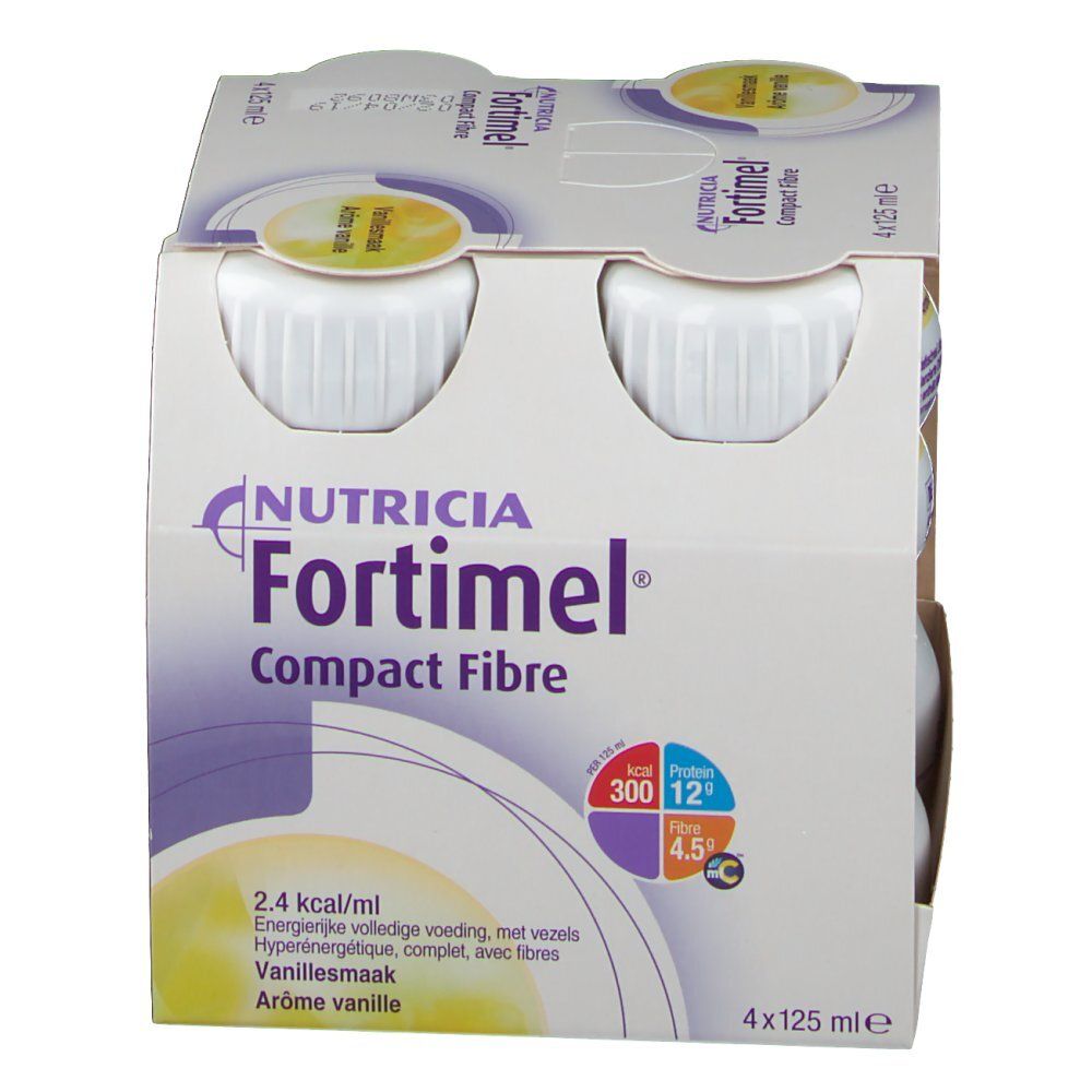 Pack de 4 bouteilles Fortimel Compact Fibre. Informations nutritionnelles. Logo Nutricia. 4x125ml.