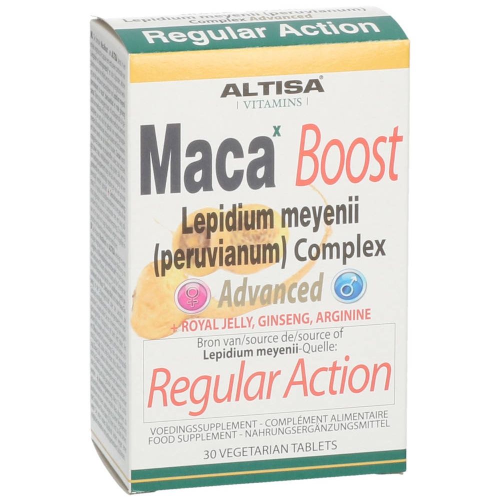 Boîte blanche 'Maca Boost'. Contient 30 comprimés. Ingrédients: Lepidium meyenii, ginseng, arginine.