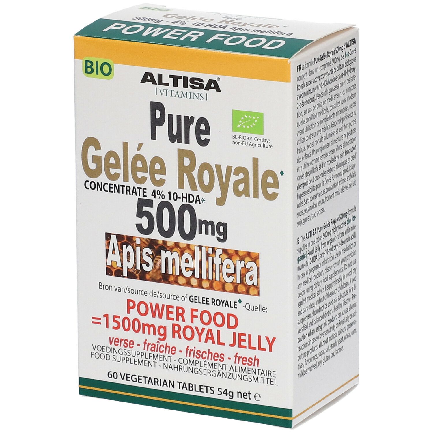 Boîte Altisa Pure Gelée Royale 500mg. Inscription : 60 comprimés végétariens. Label bio. Vue de face.