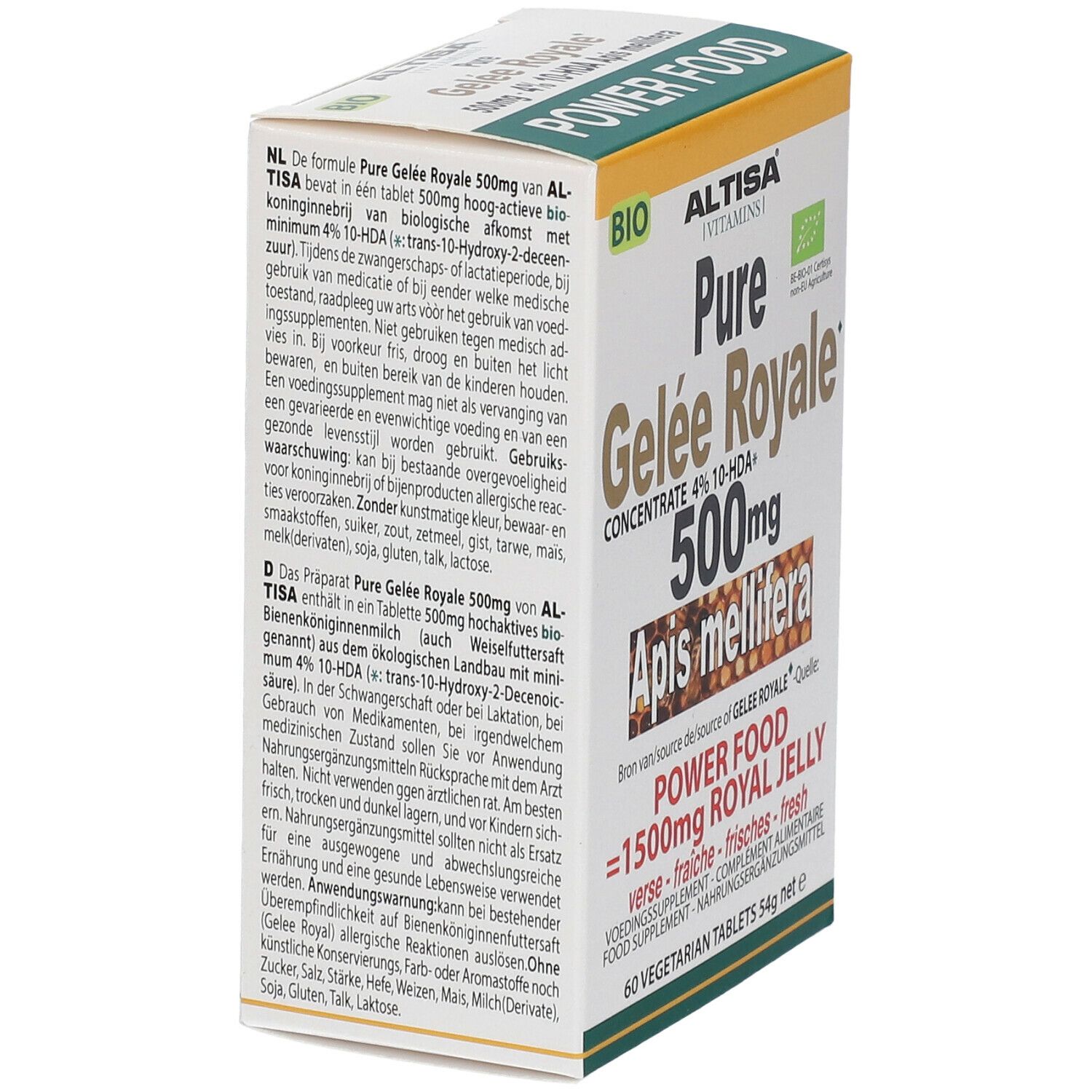 Boîte Altisa Pure Gelée Royale 500mg. Label bio. Vue en biais. Inscriptions en plusieurs langues.