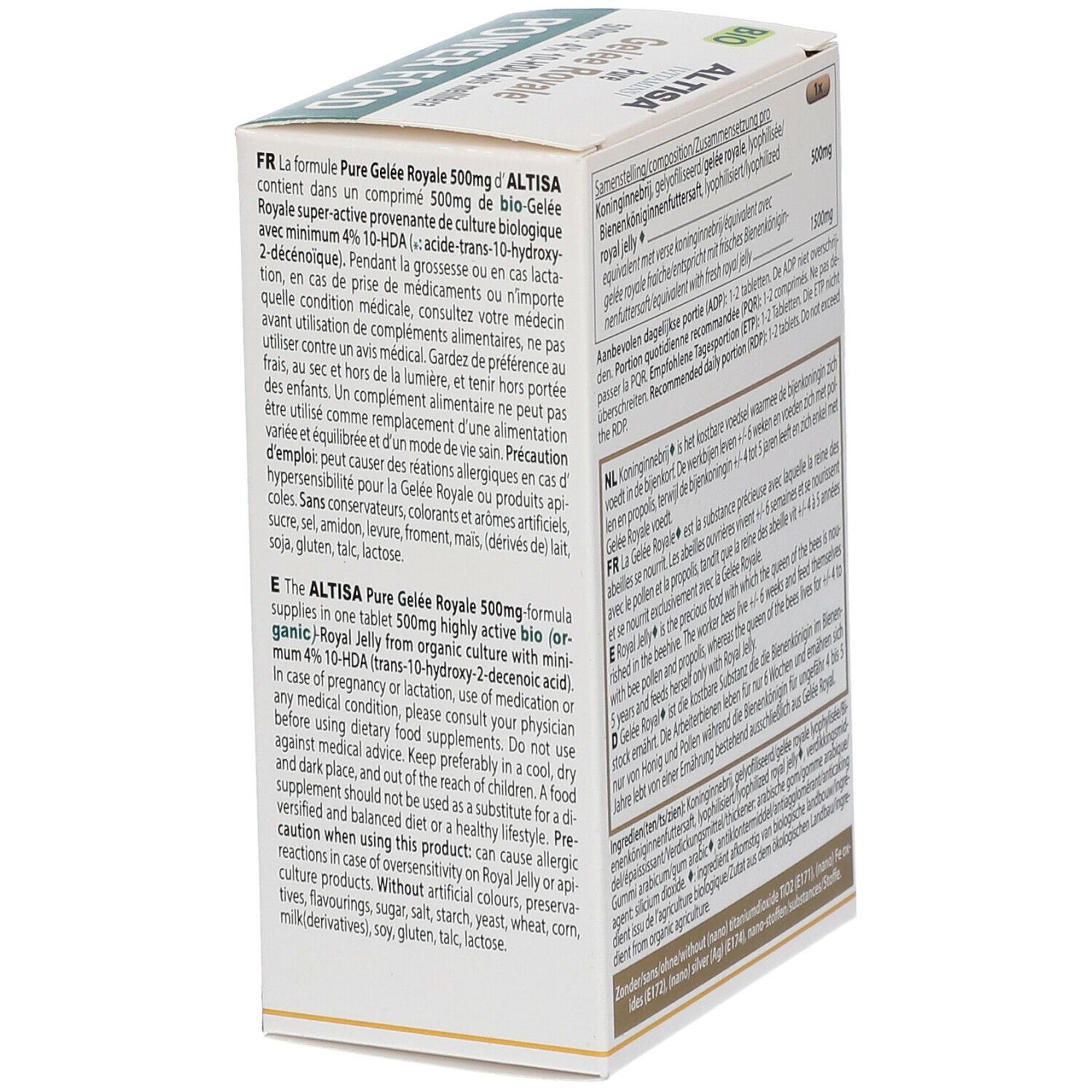Côté de la boîte. Texte multilingue. Informations d'utilisation et avertissements. Ingrédients.