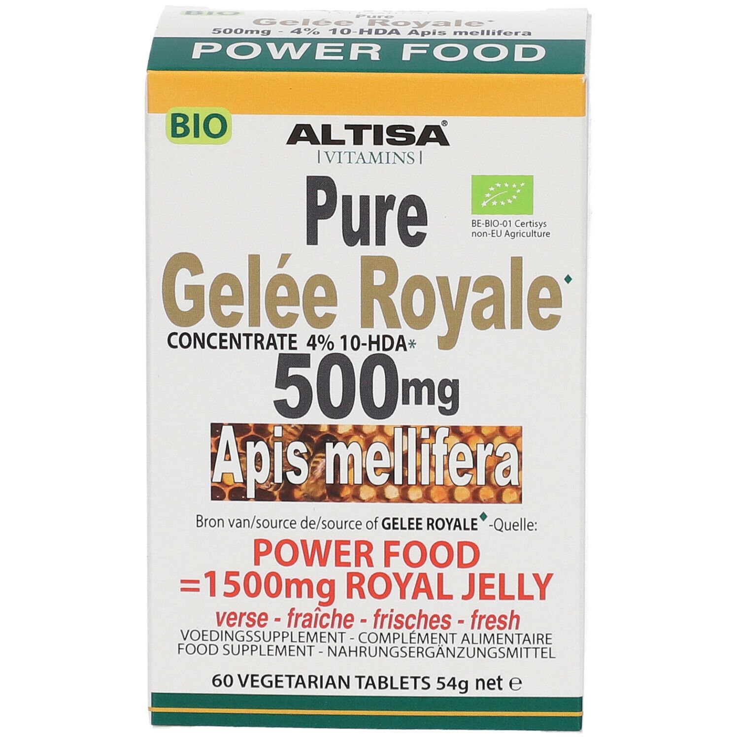 Boîte Altisa Pure Gelée Royale 500mg. Inscription : 60 comprimés. Label bio. Vue de face.