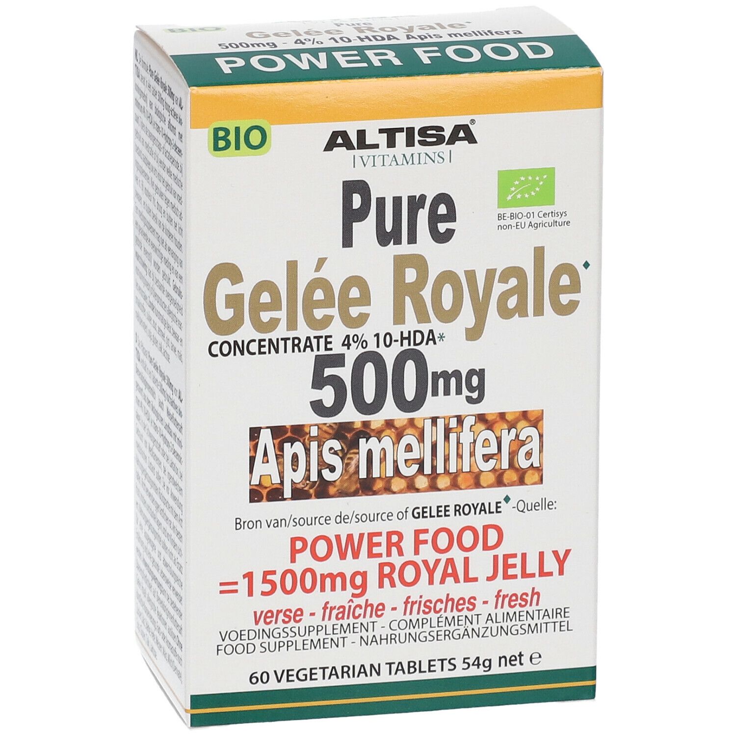 Boîte Altisa Pure Gelée Royale 500mg. Inscription : 60 comprimés. Label bio. Vue en biais.