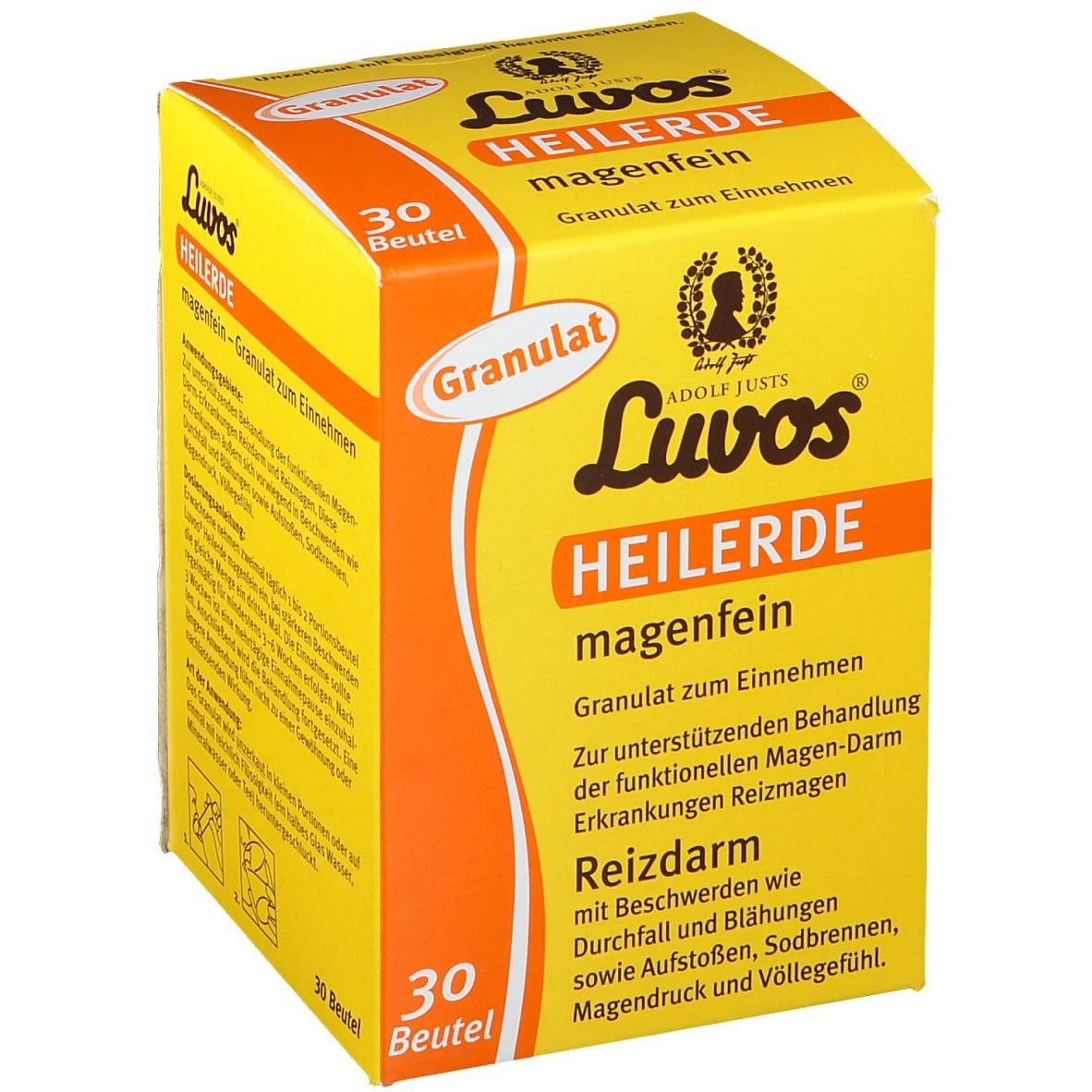 Gele doos "Luvos Heilerde". 30 zakjes. Tekst: "magenfein Granulat". 