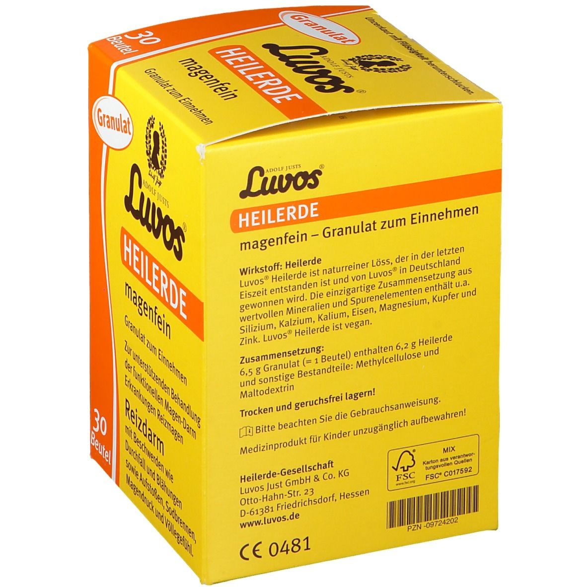 Gele doos "Luvos Heilerde". Tekst: "magenfein Granulat". Achterkant met ingrediënten en FSC-label.