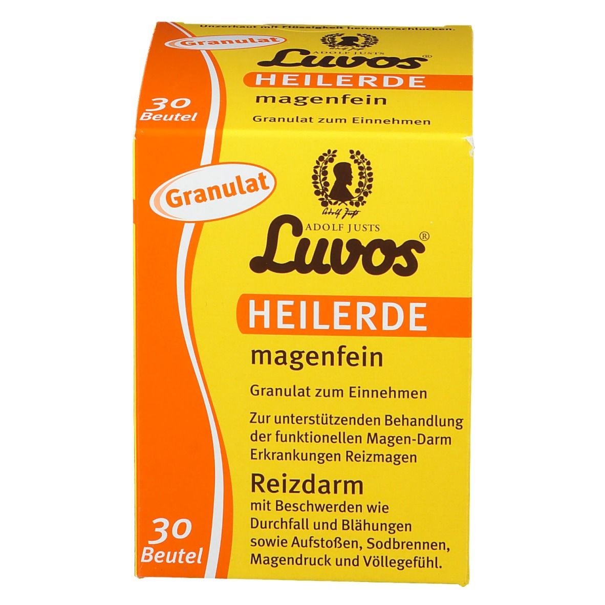 Gele doos "Luvos Heilerde". Tekst: "magenfein Granulat". 30 zakjes.