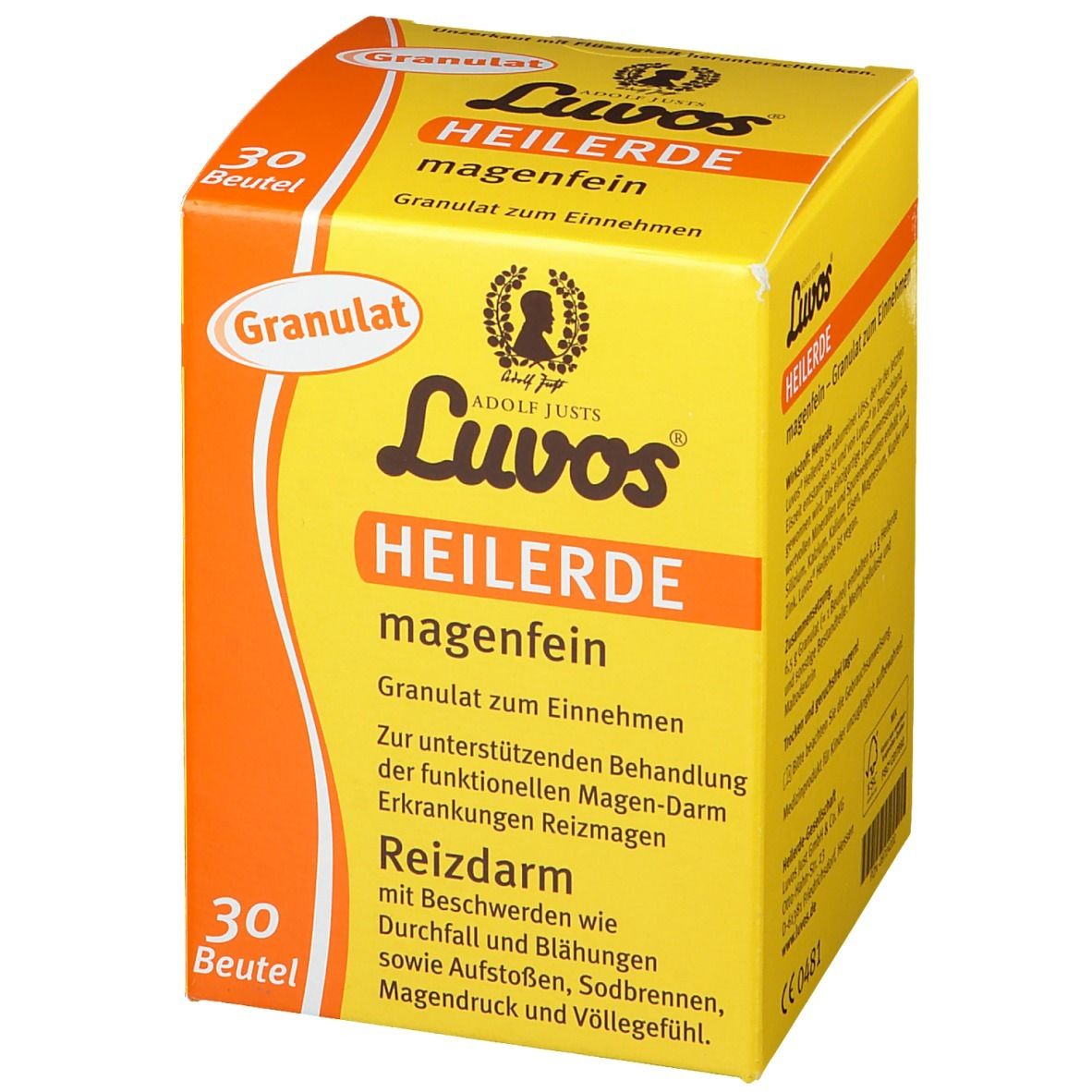 Gele doos "Luvos Heilerde". Tekst: "magenfein Granulat". 30 zakjes.