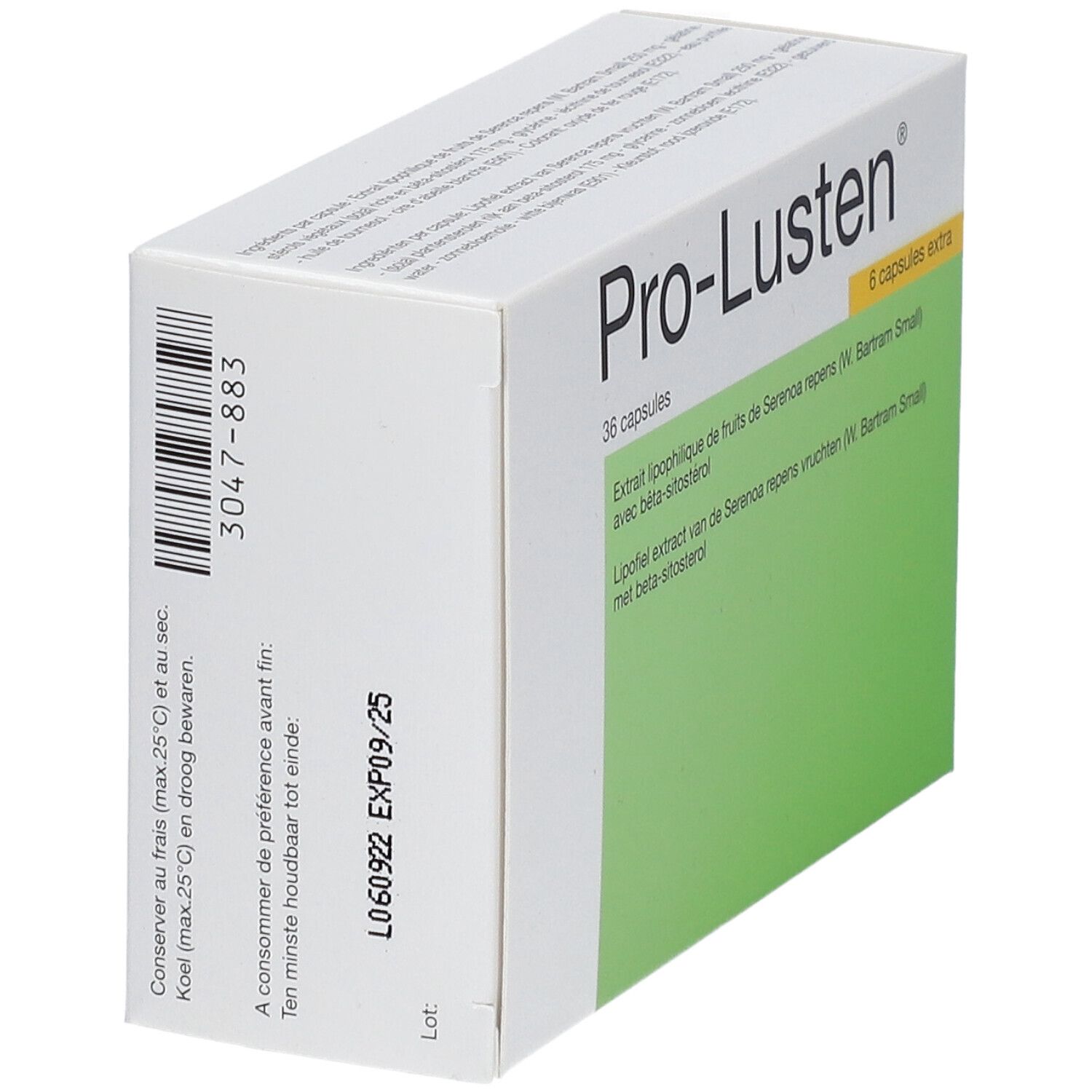 Boîte blanche "Pro-Lusten" en biais. Contient 36 capsules + 6 en plus. Accents verts et jaunes.