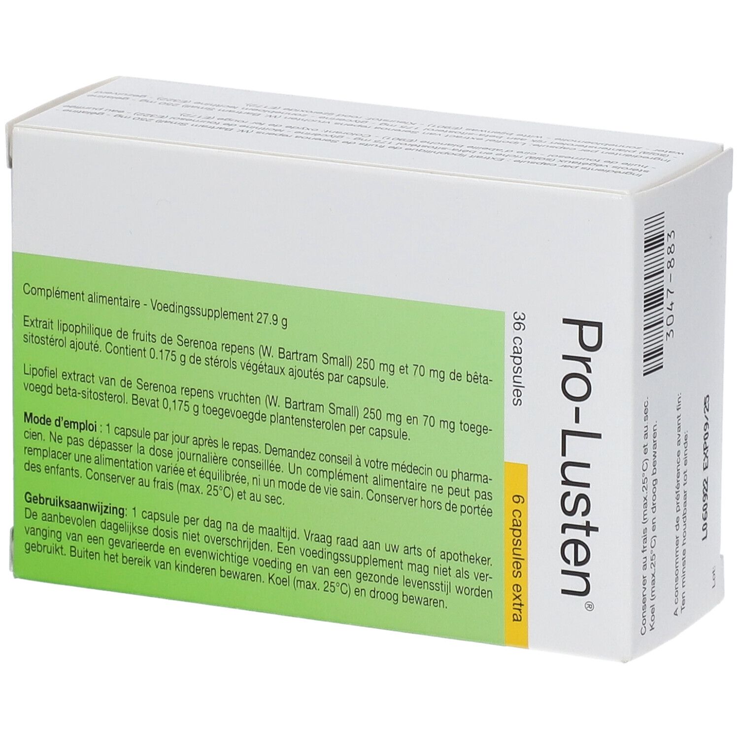 Boîte blanche "Pro-Lusten". Contient 36 capsules + 6 en plus. Texte en allemand, français et néerlandais.