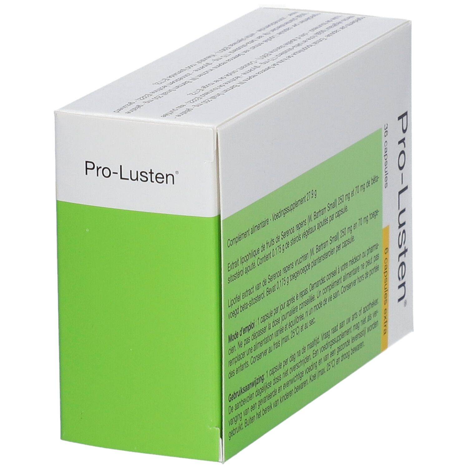 Boîte blanche "Pro-Lusten" en biais. Contient 36 capsules + 6 en plus. Texte en allemand, français et néerlandais.