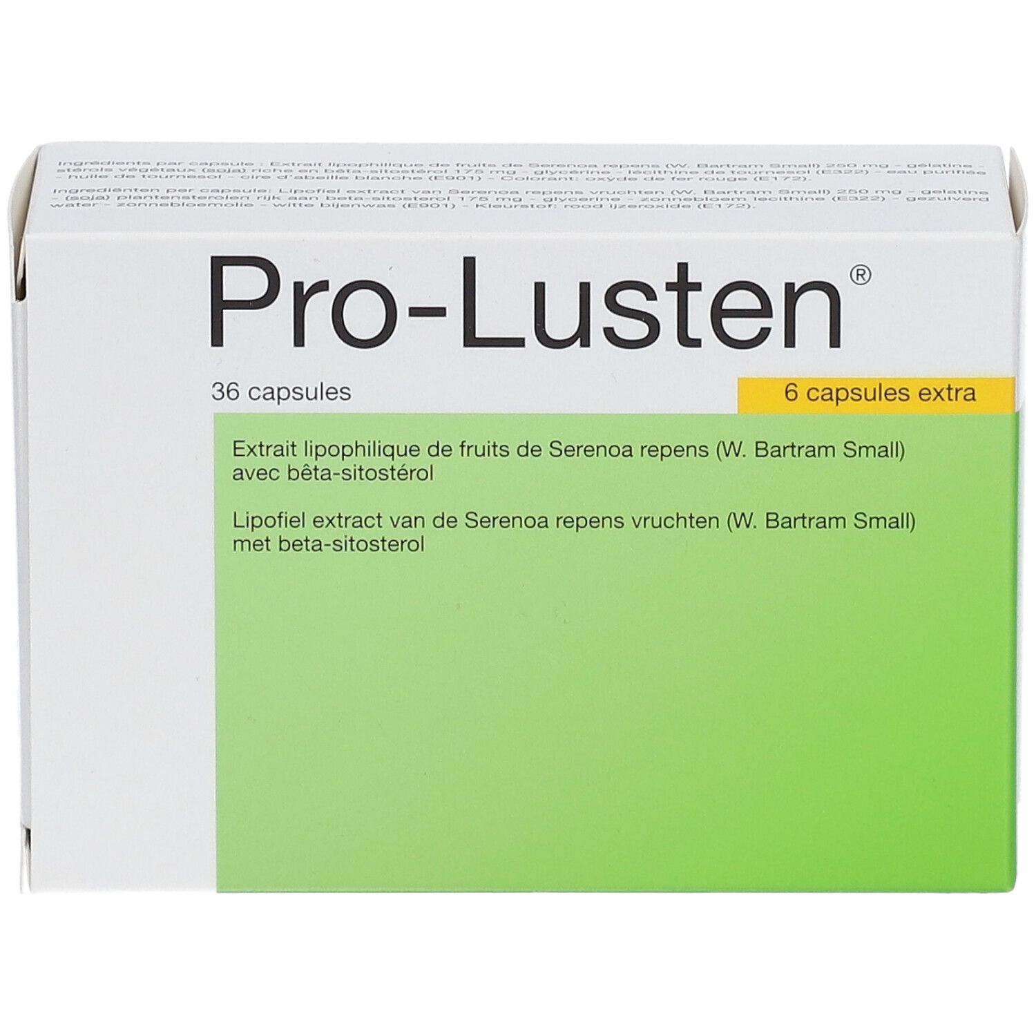 Boîte blanche "Pro-Lusten". Contient 36 capsules + 6 en plus. Accents verts et jaunes. Texte multilingue.